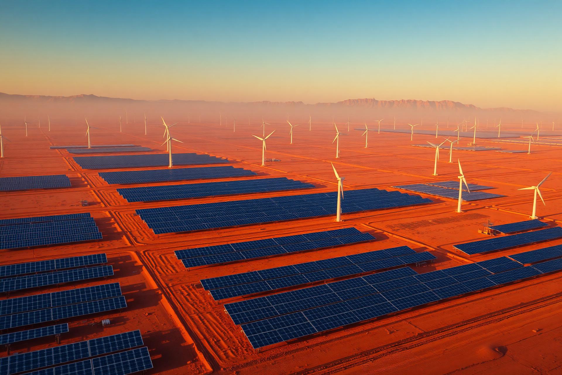 Solar and wind farm across Moroccan plains at sunset
